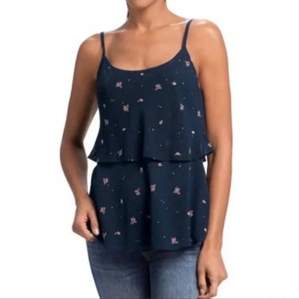 Cabi | #795 Navy Blue Floral Print Tiered Chiffon Sleeveless Camisole Tank Top
